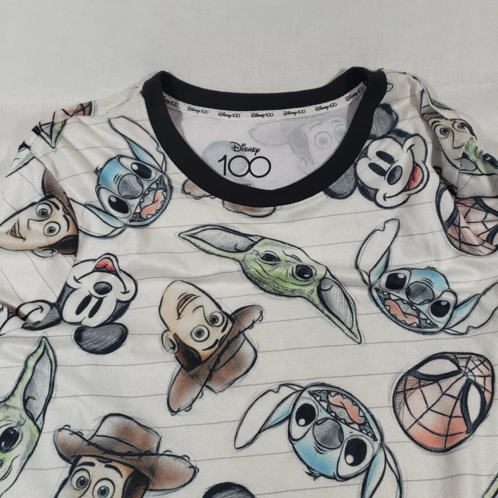 Disney 100 Sketch Characters Mickey Stitch Baby Yoda Long‎ Sleeve Pajama Large